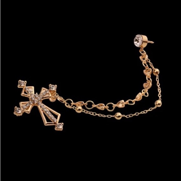 British Style Vintage Crystal Cross Brooch Pin Double Chain Lapel Pins - Picture 4 of 6